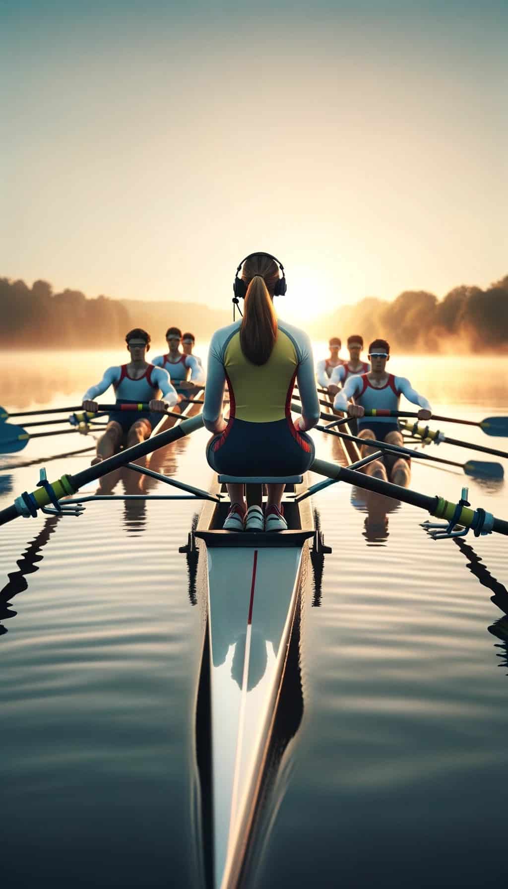 DALL·E 2024 03 20 15.58.52 Create an image of a team of rowers on a serene lake in the early morning light. The rowers are in perfect harmony their oars touching the water in u