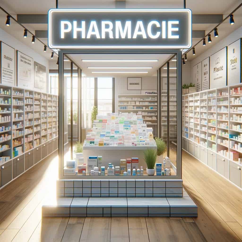 DALL·E 2024 03 28 11.22.12 An interior view of a modern pharmacy similar to the previous image but with an added sign saying PHARMACIE. The scene includes neatly arranged she